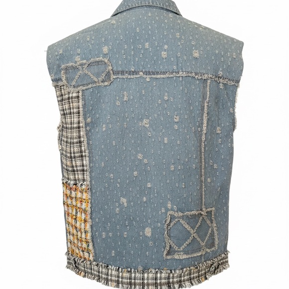 POL denim jean longline button down vest jacket mixed fabric flap pockets new - Picture 2 of 4